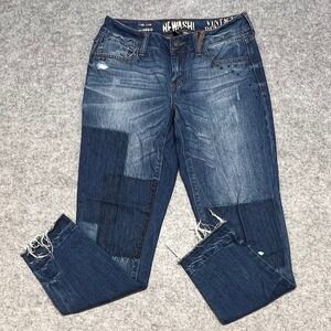 Rewash Brand Patchwork Distressed Jeans Classic Rise Raw Hem Blue Size 7/28